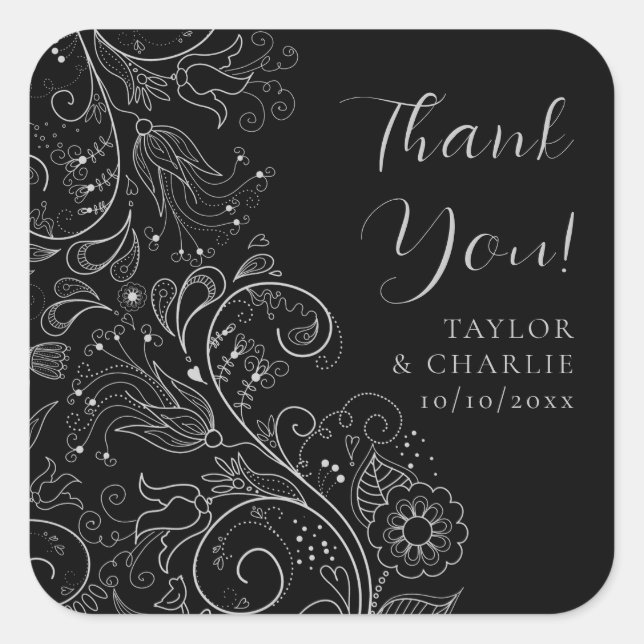 Silver and Black Elegant Floral Wedding Thank You Square Sticker (Front)