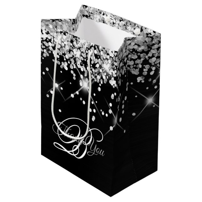 Silver and Black Fancy Monogram Thank You Medium Gift Bag (Front Angled)