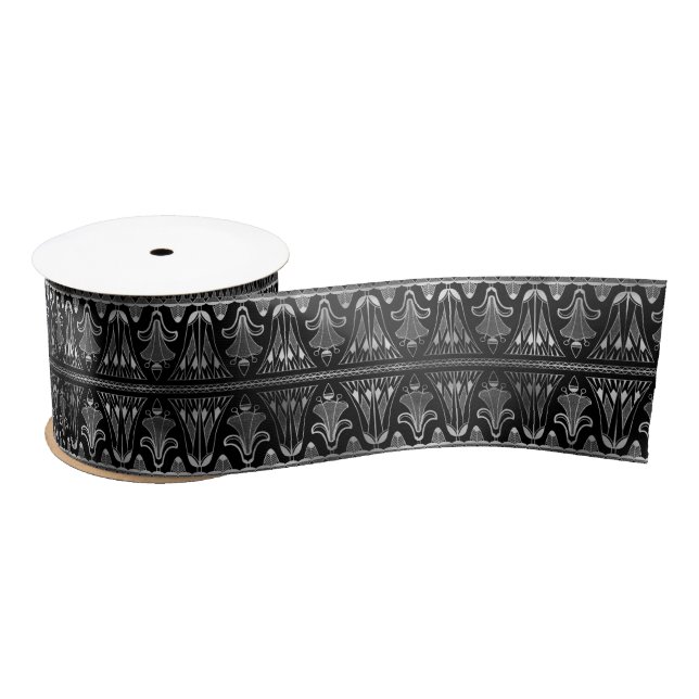 Silver and Black Floral Art Deco Pattern Satin Ribbon (Spool)