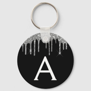 Silver and Black Girly Sparkly Glitter Monogram Key Ring