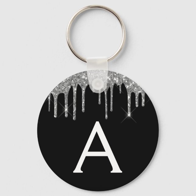 Silver and Black Girly Sparkly Glitter Monogram Key Ring (Front)