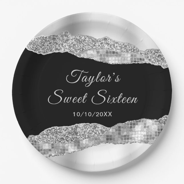 Silver and Black Glam Tears Sweet Sixteen Paper Plate (Front)