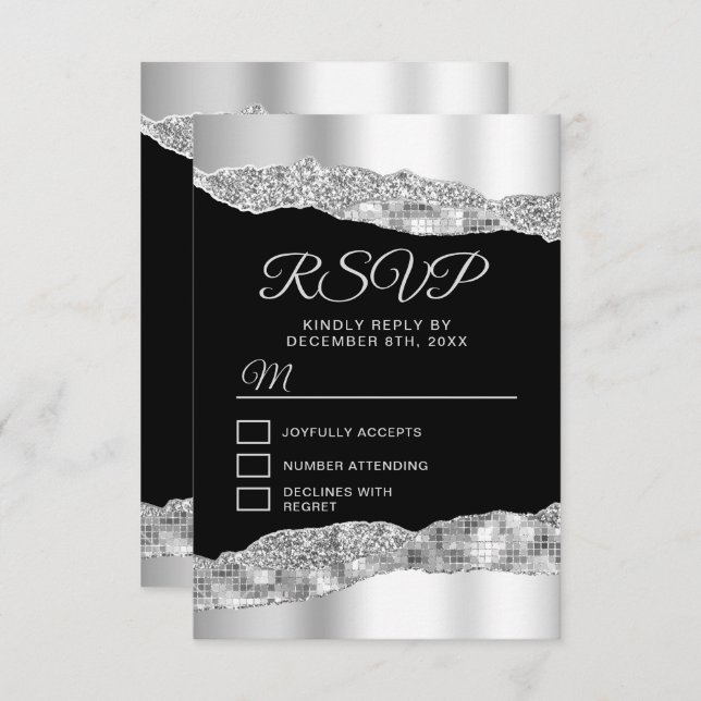 Silver and Black Glam Tears Sweet Sixteen RSVP Card (Front/Back)
