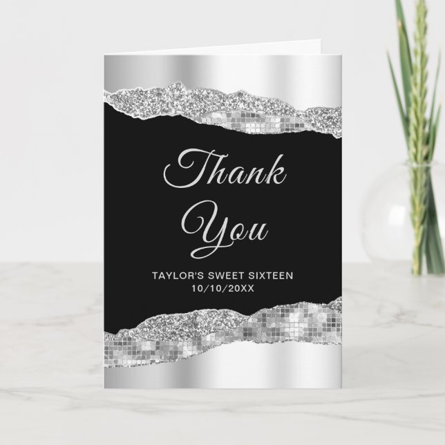Silver and Black Glam Tears Sweet Sixteen Thank You Card (Front)