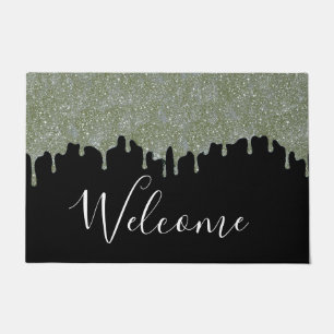 Silver and Black Glitter Drips Welcome Door Mat