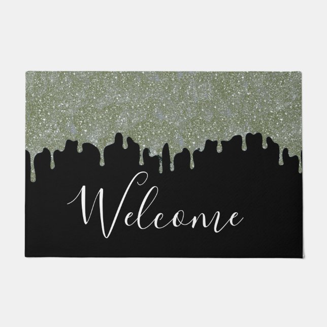 Silver and Black Glitter Drips Welcome Door Mat (Front)
