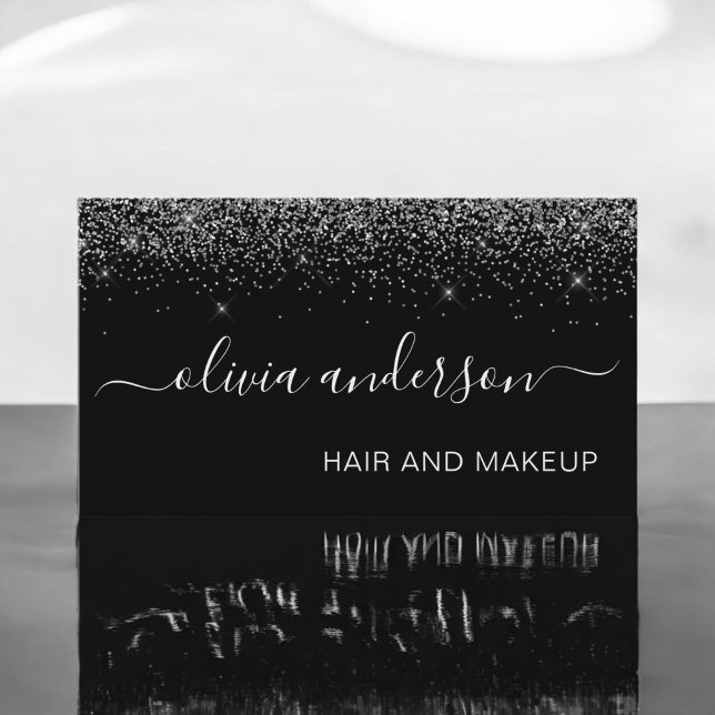 Silver and Black Glitter Hair Makeup Salon Business Card (Creator Uploaded)