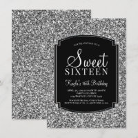 Silver and Black Glitter Sweet 16 Invitations