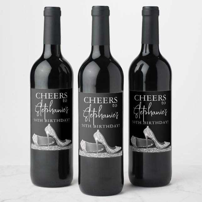 Silver and Black High Heel Shoes Cheers Custom Wine Label (Bottles)