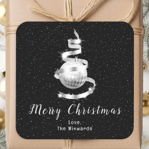 Silver and Black Ornament Merry Christmas Square Sticker