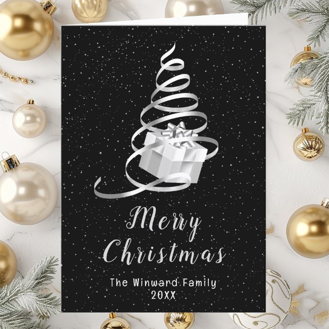 Silver and Black Ribbon Gift Merry Christmas Holiday Card (Creator Uploaded)