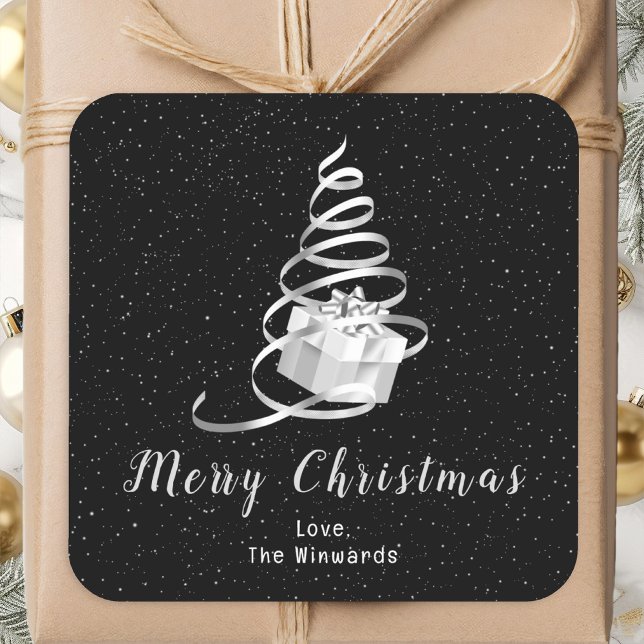 Silver and Black Ribbon Gift Merry Christmas Square Sticker (Creator Uploaded)