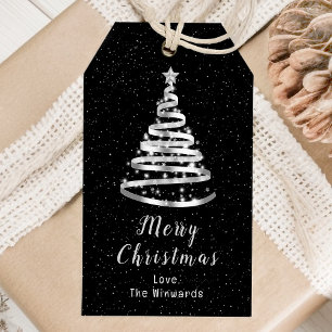 Silver and Black Ribbon Tree Merry Christmas Gift Tags