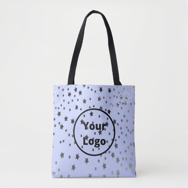 Silver and black stars on blue tote bag (Front)