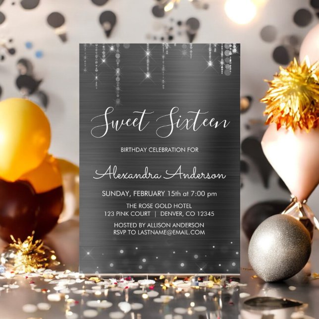 Silver and Black Sweet Sixteen Birthday Invitation (Creator Uploaded)