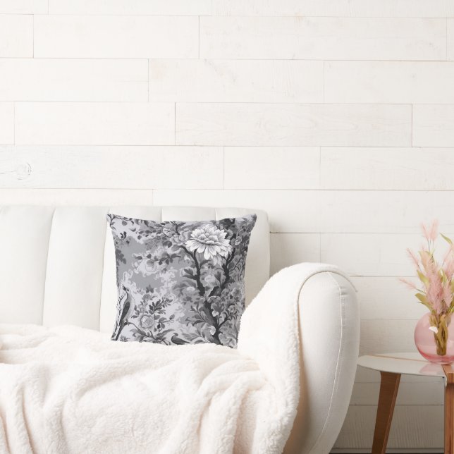 Silver and Black Toile de Fleur Cushion (Couch)