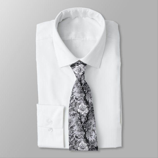 Silver and Black Toile de Fleur Tie (Tied)