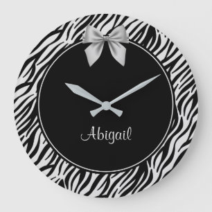 Silver and Black Zebra Print Personalised Large Clock