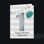 Silver and Blue 1st Birthday Boy Card<br><div class="desc">A silver and blue 1st birthday boy card, which you can personalize with his name. The front of this trendy 1st birthday card for him features the number one in a blue striped design with a blue balloon ready to float away. The background is a soft white and gray with...</div>