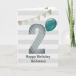 Silver and Blue 2nd Birthday Boy Card<br><div class="desc">A silver and blue 2nd birthday boy card, which you can personalise with his name. The front of this modern 2nd birthday card for him features the number two in a blue striped design with a blue balloon ready to float away. The background is a soft white and grey with...</div>