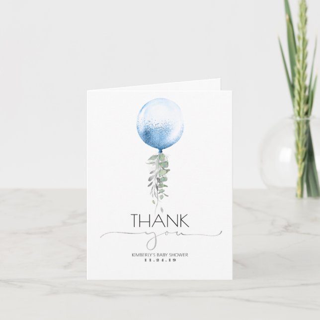 Silver and Blue Balloon Baby Shower Thank You Card (Front)