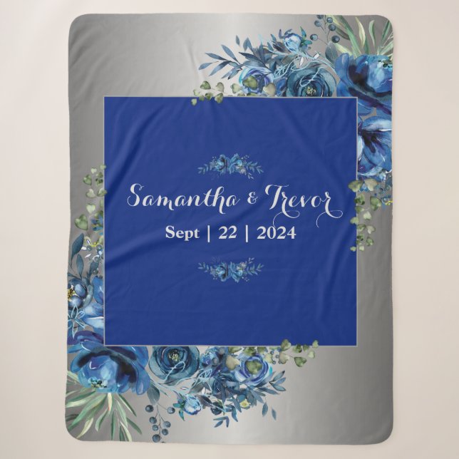 Silver and Blue Blossoms Sherpa Blanket (Front)