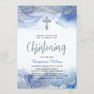 Silver And Blue Boy Christening Invitation