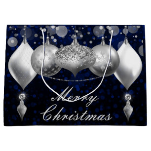 Silver and Blue Christmas Baubles Ornaments Large Gift Bag