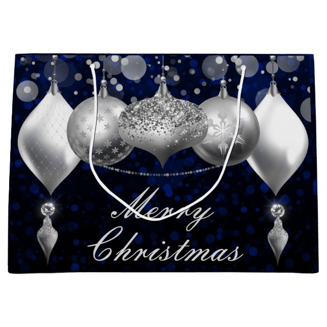 Silver and Blue Christmas Baubles Ornaments Large Gift Bag (Front)
