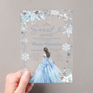 Silver and Blue Christmas Sweet Sixteen Birthday Acrylic Invitations