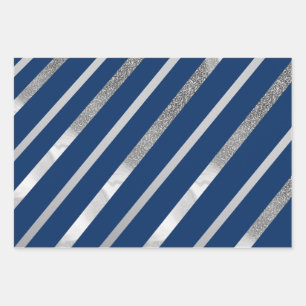 Silver and Blue Diagonal Stripes Pattern  Wrapping Paper Sheet