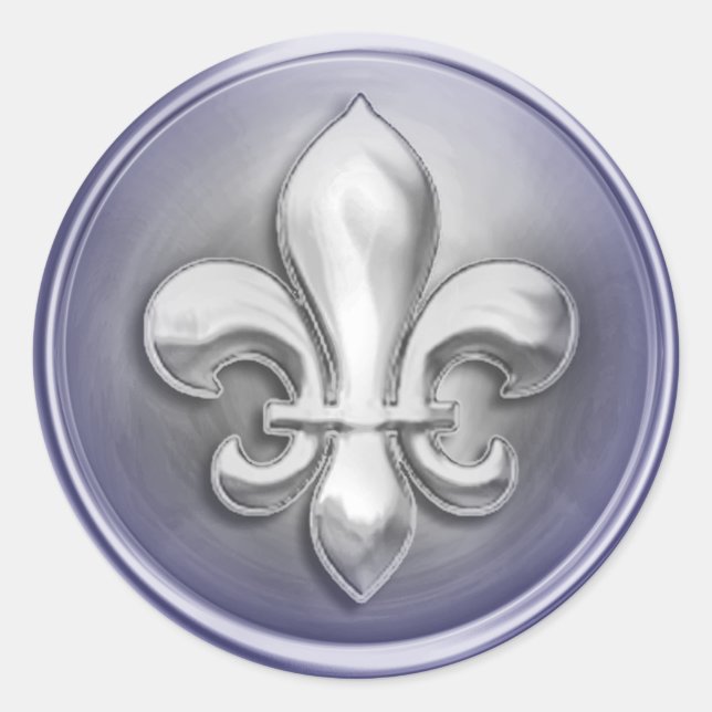 Silver and Blue Fleur de Lis Embossed Look Classic Round Sticker (Front)