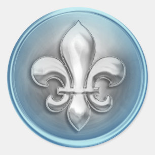 Silver and Blue Fleur de Lis Embossed Look Classic Round Sticker