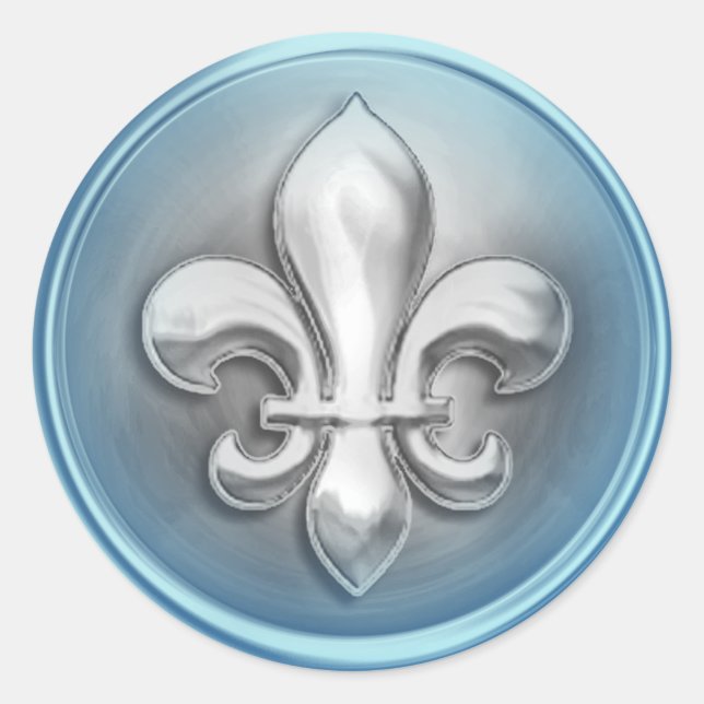 Silver and Blue Fleur de Lis Embossed Look Classic Round Sticker (Front)