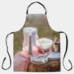 Silver-and-blue floral ceramic plates and pitcher apron