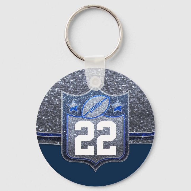 Silver and Blue Glitter Football Jersey Number Key Ring (Front)