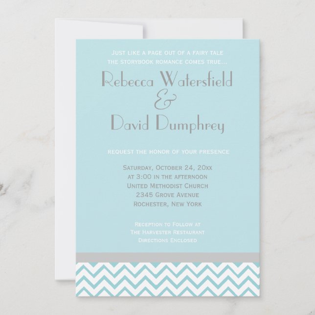 Silver and Blue Modern Chevron Wedding Invitation (Front)