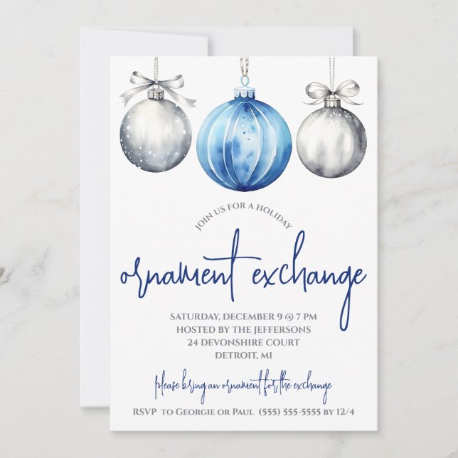 Silver and Blue Ornament Exchange Holiday Party Invitation (Front)
