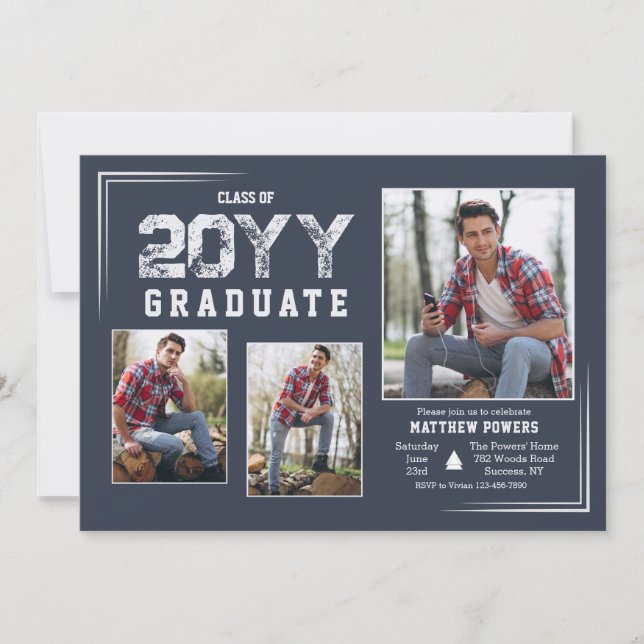 Silver and Blue Photo Graduation Invitation (Front)