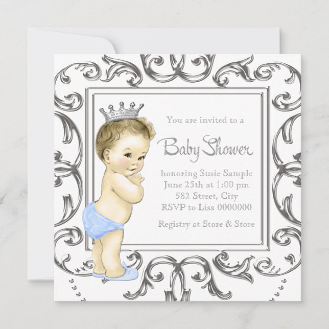 Silver and Blue Prince Baby Shower Invitation (Front)