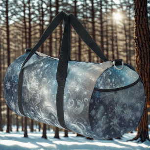 Silver and Blue Snowflake Winter Duffle Bag
