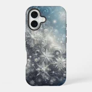 Silver and Blue Snowflake Winter iPhone 16 Case