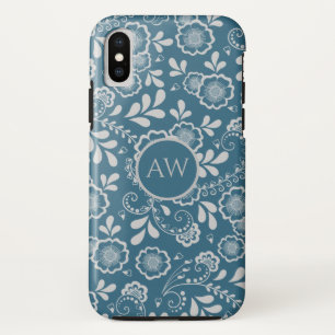 Silver and Blue Victorian Floral Lace Monogram Case-Mate iPhone Case