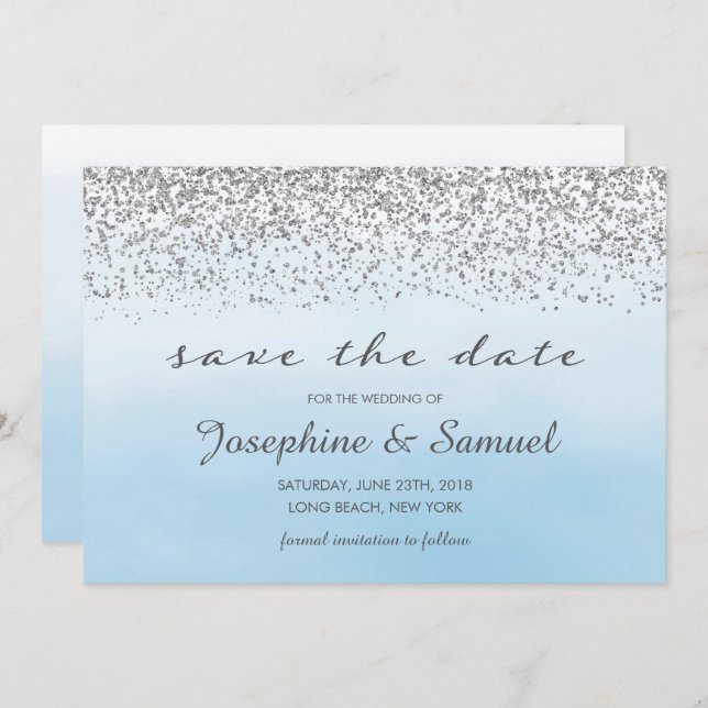 Silver and Blue Watercolor Save The Date Invitation (Front/Back)