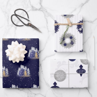 Silver and Blue Watercolor Trees and Ornaments Wrapping Paper Sheet