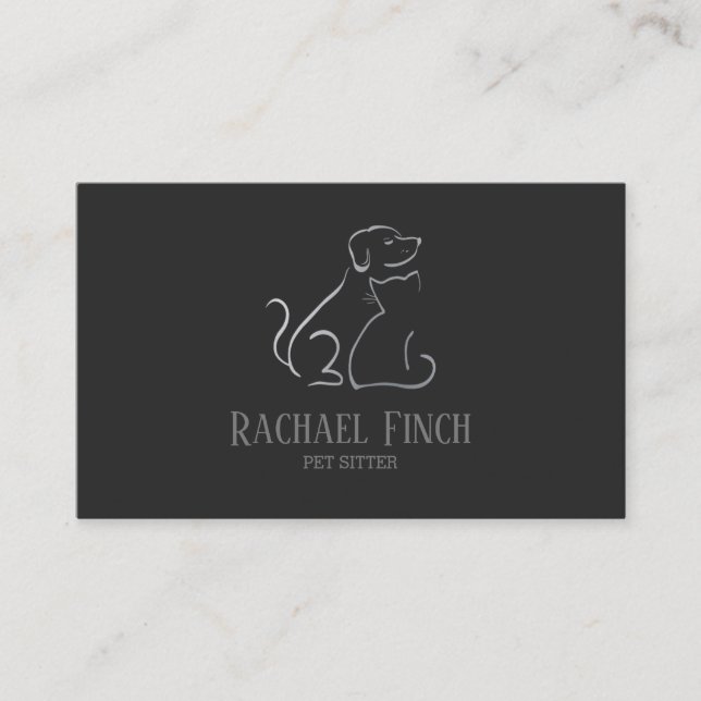 Silver And Charcoal Modern Minimalist Pet Sitter Business Card (Front)