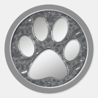 SILVER AND CHROME PAW PRINT CLASSIC ROUND STICKER