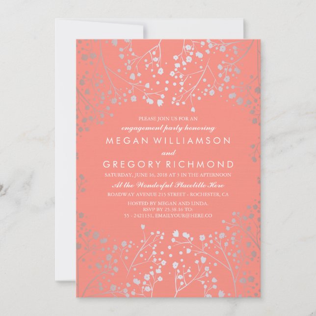 Silver and Coral Baby's Breath Engagement Party Invitation (Front)