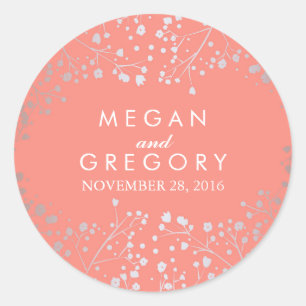 Silver and Coral Baby's Breath Wedding Classic Round Sticker