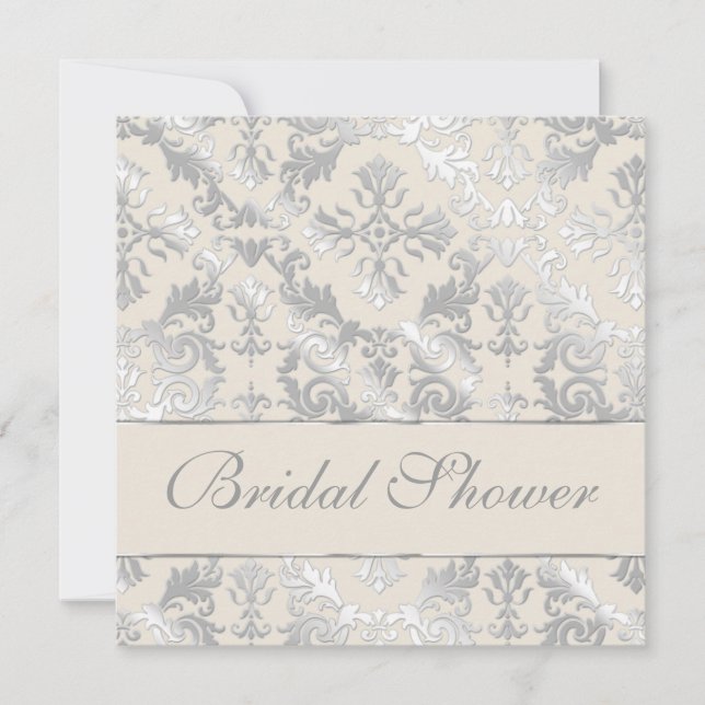 Silver and Creme Elegant Damask Bridal Shower Invitation (Front)